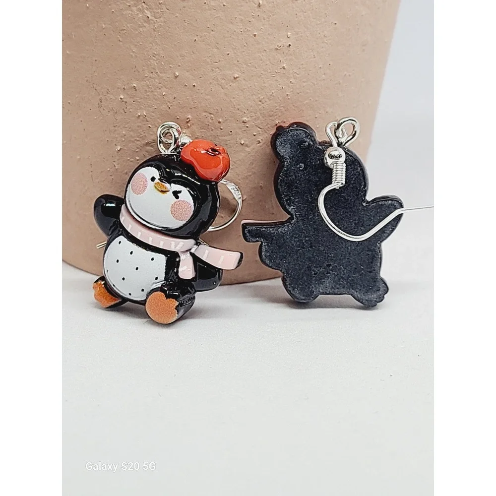 Penguin with Red Beret and‎ Scarf Winter Drop Earrings Silver Tone Hooks NEW